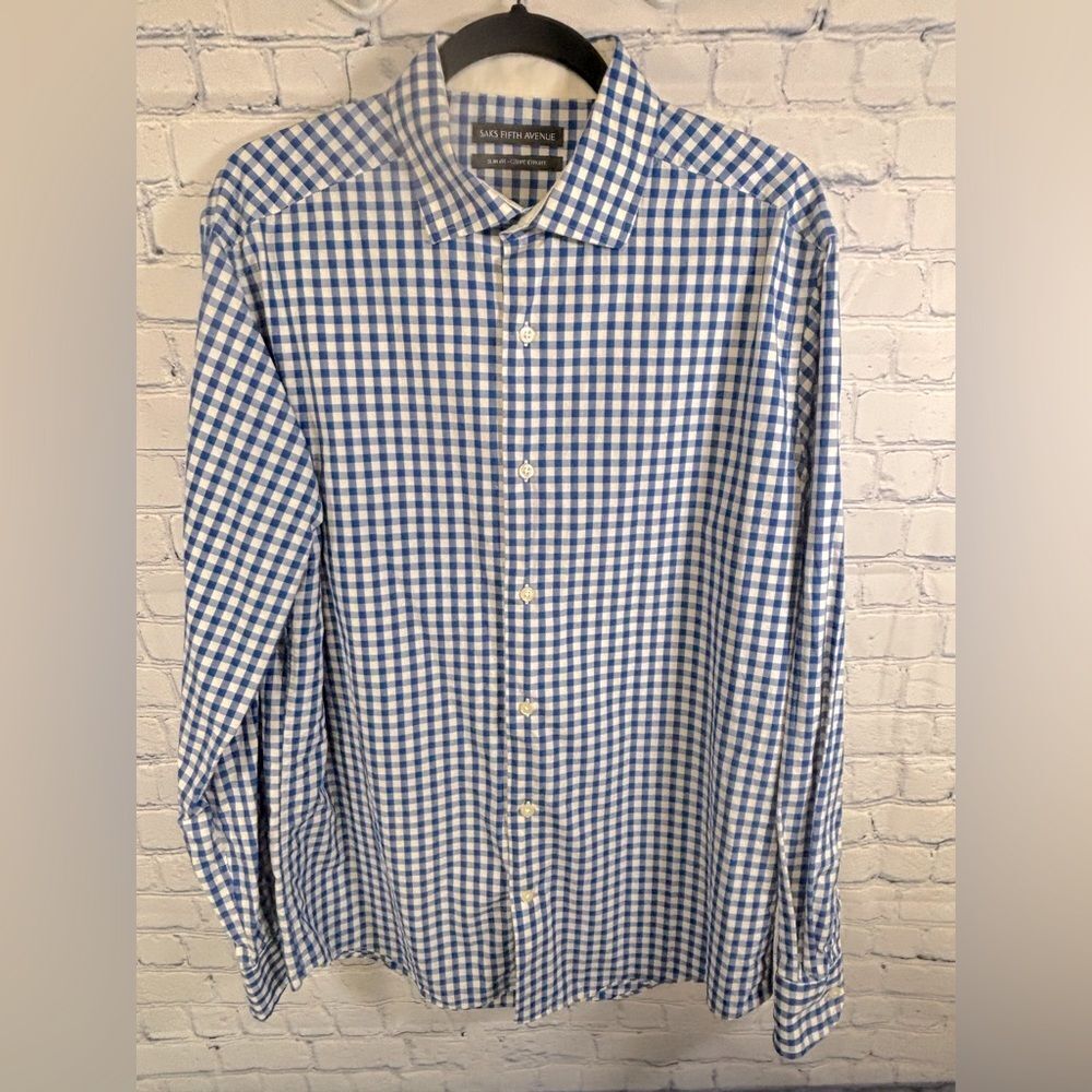 Saks Fifth Avenue Blue White Gingham Slim Fit Preppy Classic Long Sleeve Shirt L